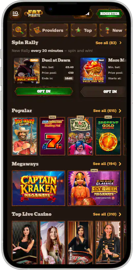 Explore the Fat Pirate Casino app interface with g.